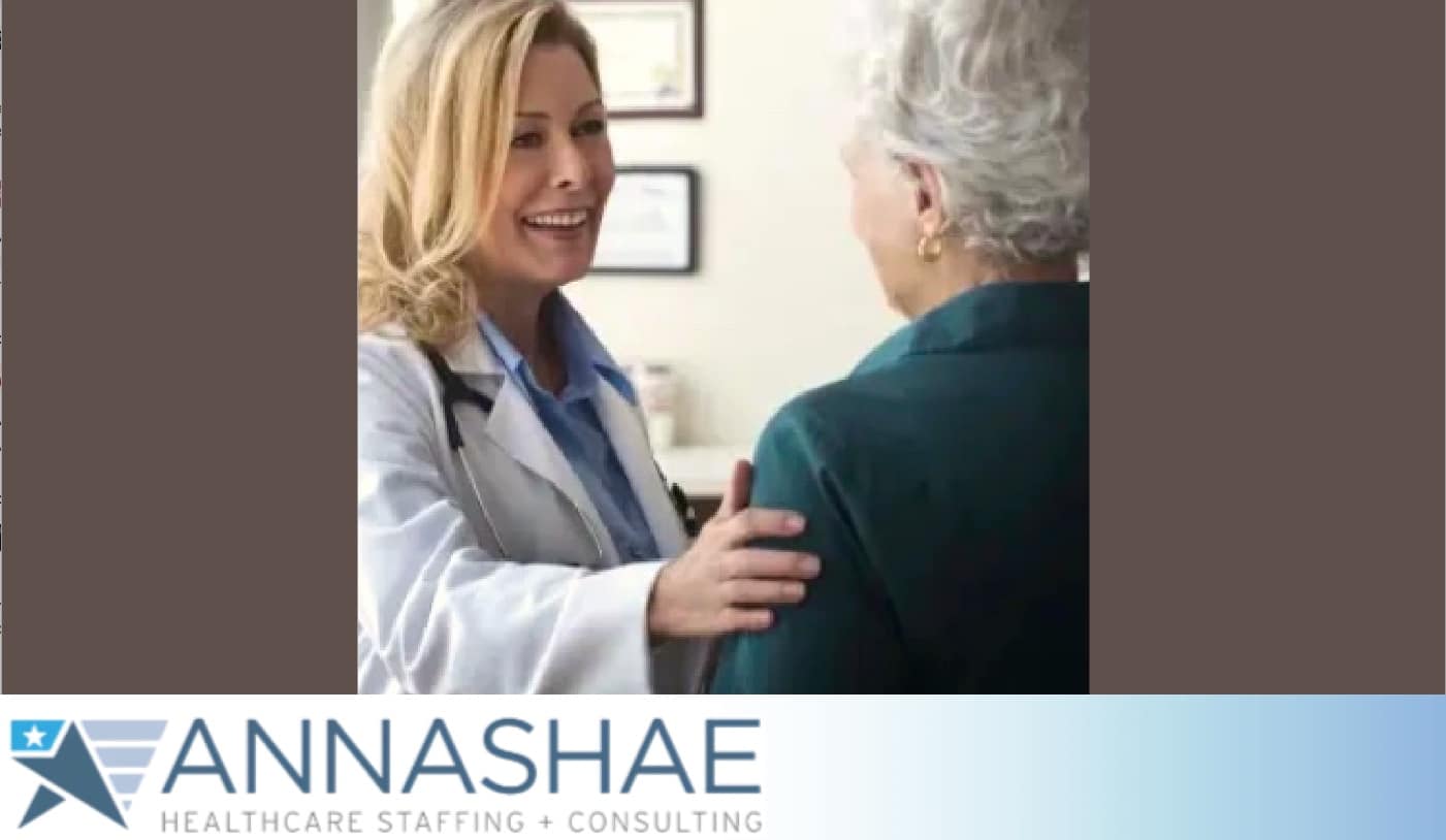 A locum tenens physician is talking with a senior patient in the doctor's office.