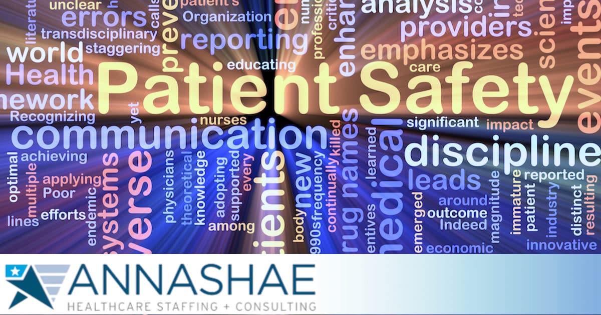 Patient Safety 2025 Background concept wordcloud illustration of patient safety glowing light